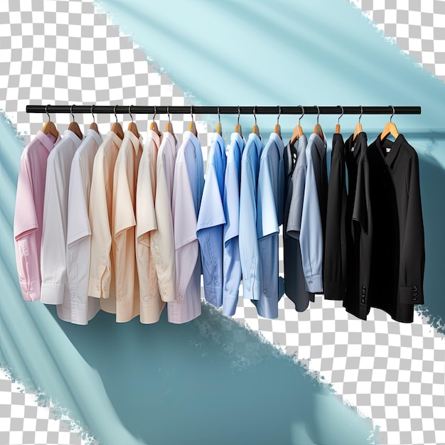 Shirts in black and blue displayed on a rack transparent background