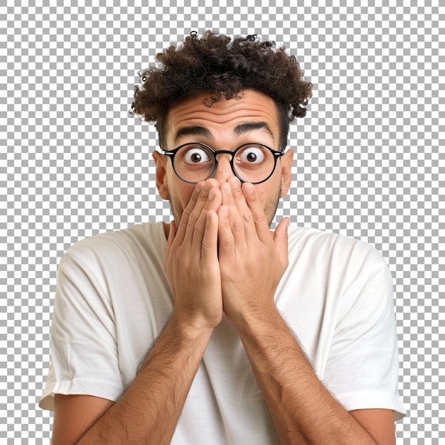 PSD shocked man with hands on mouth on transparent background ai generated