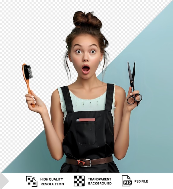 PSD a shocked woman holding a hairbrush and scissors against a transparent background