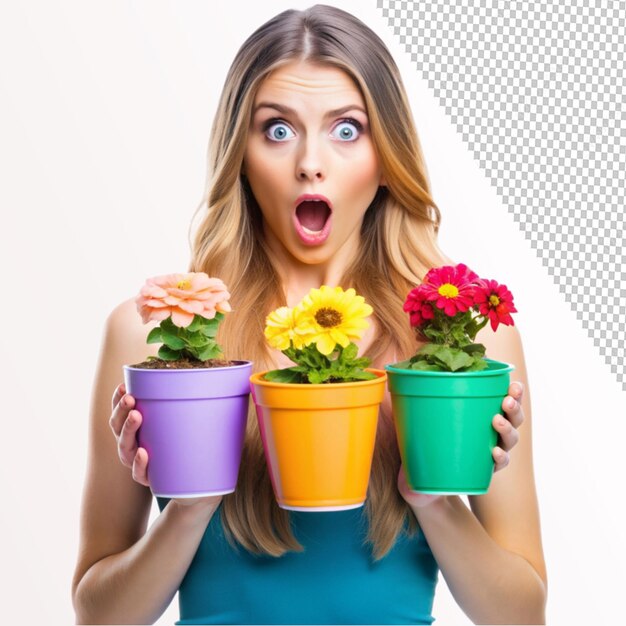 PSD shocked young lady holding colorful flower pot on transparent background