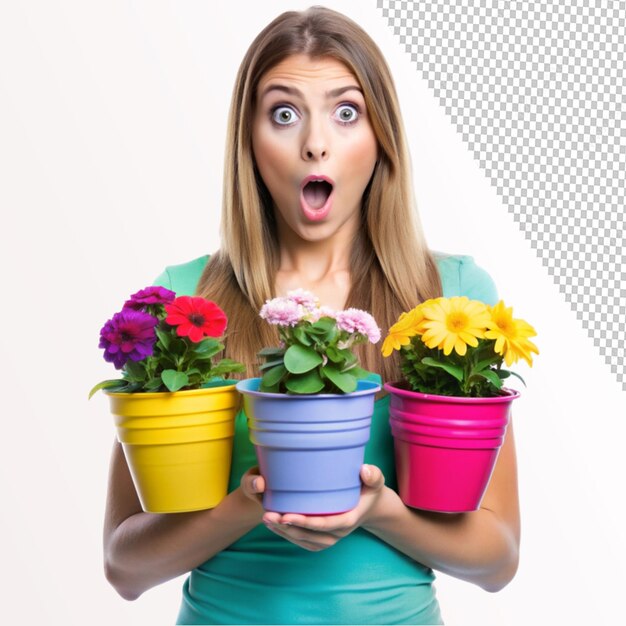 PSD shocked young lady holding colorful flower pot on transparent background