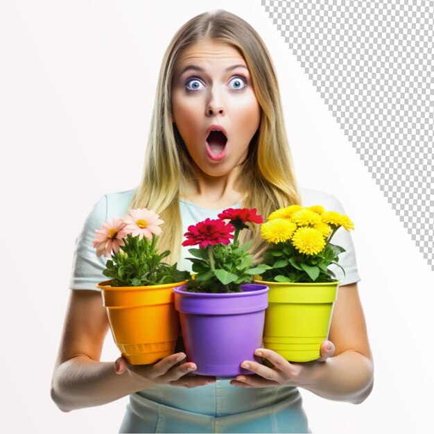 PSD shocked young lady holding colorful flower pot on transparent background