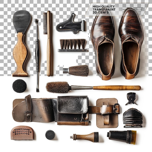 PSD shoe polish kit a set of tools and products on transparent background