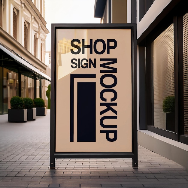 PSD shop sign mockup beside beautiful town street