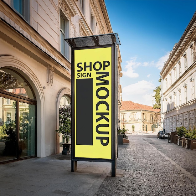 shop sign mockup beside beautiful town street