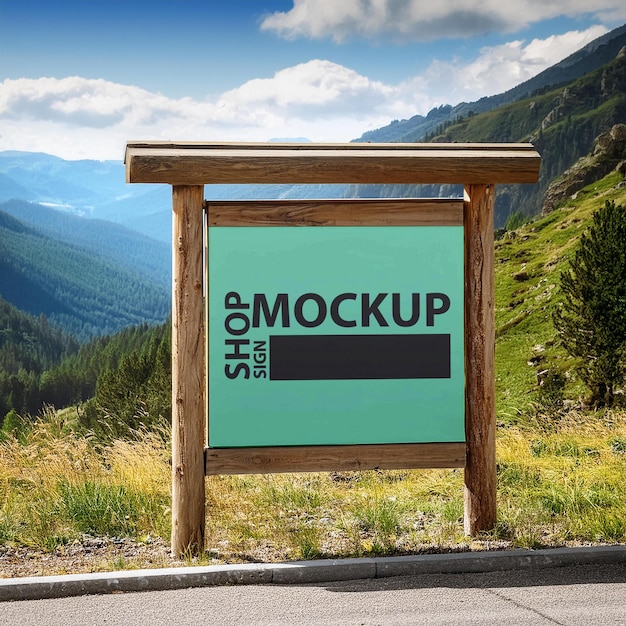 shop sign mockup with wood frame beside the street and store in the mountain