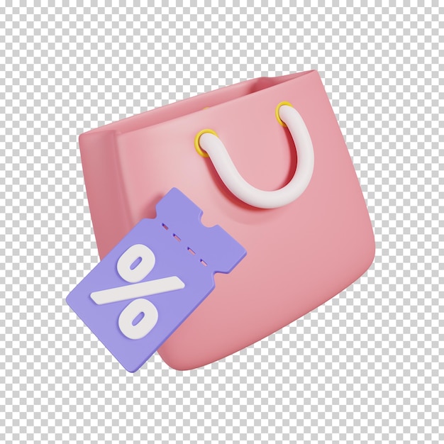 Shopping bag with discount coupon isolated Online shopping icon 3D Render Illustration