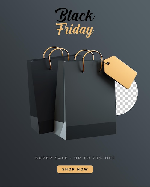 Shopping bags isolated on a dark background for Black Friday social media vertical post