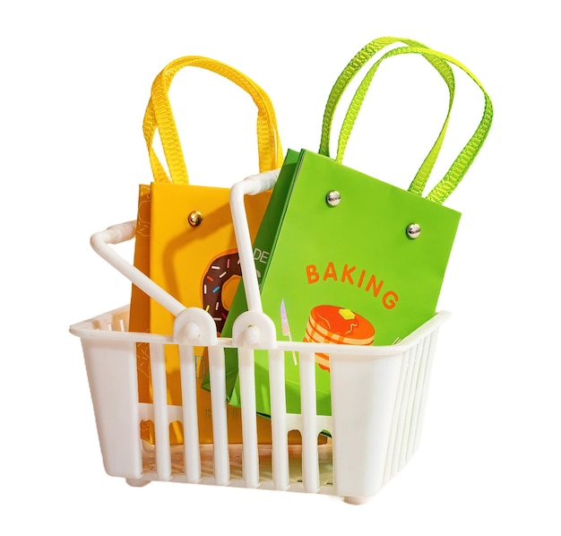 Shopping basket with bags isolated on white or transparent background cutout