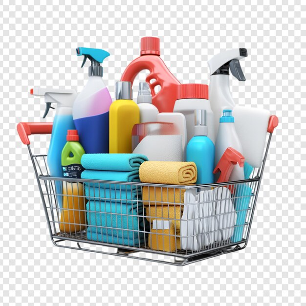 PSD shopping basket with cleaning supplies isolated on a transparent background