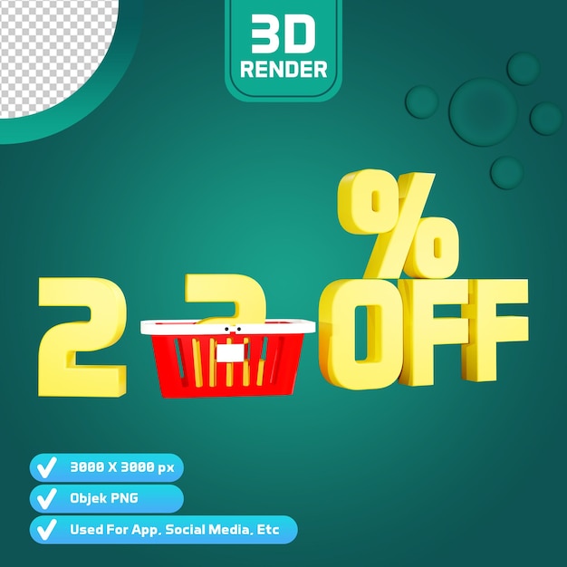 SHOPPING CART 22 OFF 3D RENDER WITH TEXT YELLOW COLOR