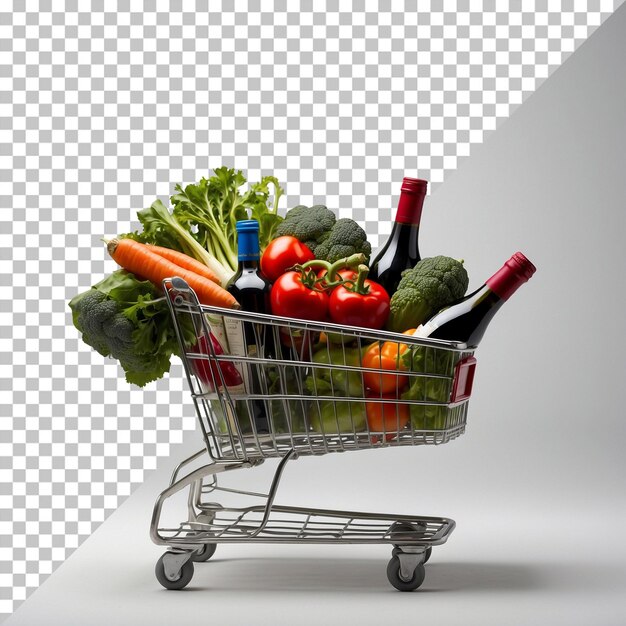 PSD shopping cart holding a variety of produce with transparent background