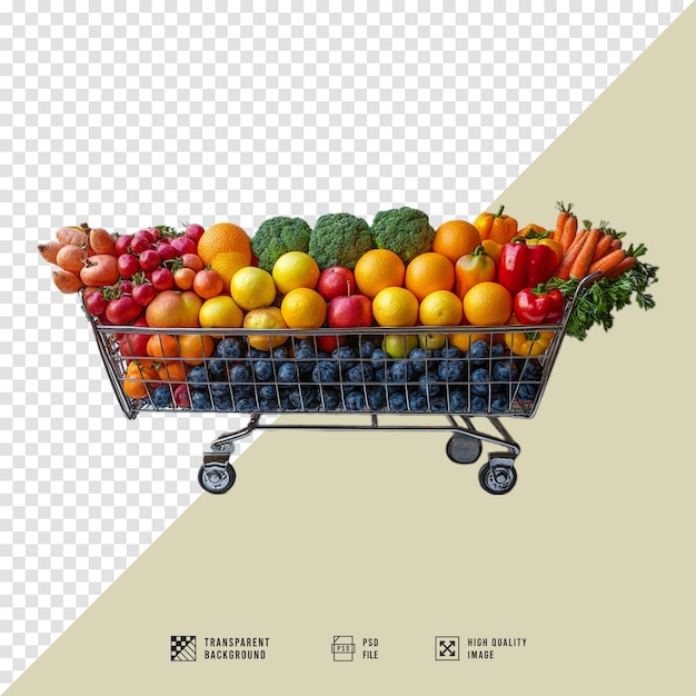 PSD shopping cart image full of fresh vegetables and fruits without background hd quality