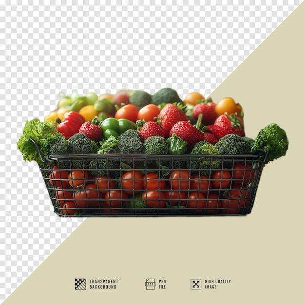 PSD shopping cart image full of fresh vegetables and fruits without background hd quality