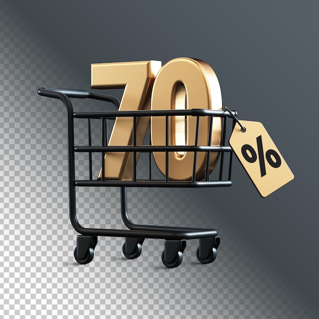 Shopping cart with 70 percent discount 3D rendering number isolated with transparent background