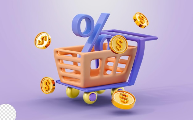 shopping cart with percentage sign dollar coin 3d render concept for product discount