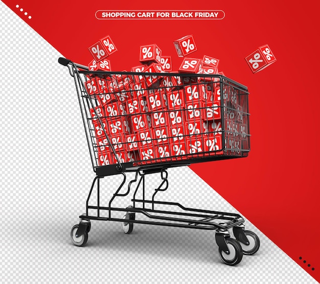 PSD shopping cart with red cubes on black friday 3d percentage