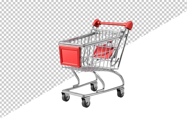 a shopping cart with a red interior and a red plastic lid