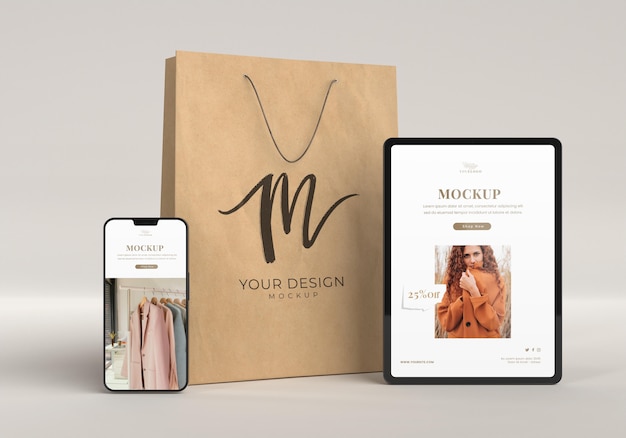 PSD shopping concept with devices and bag