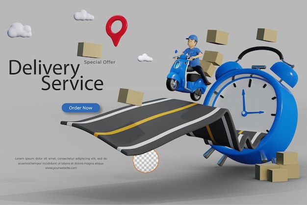 PSD shopping online and fast shipping by scooter on time alarm clock ecommerce 3d rendering