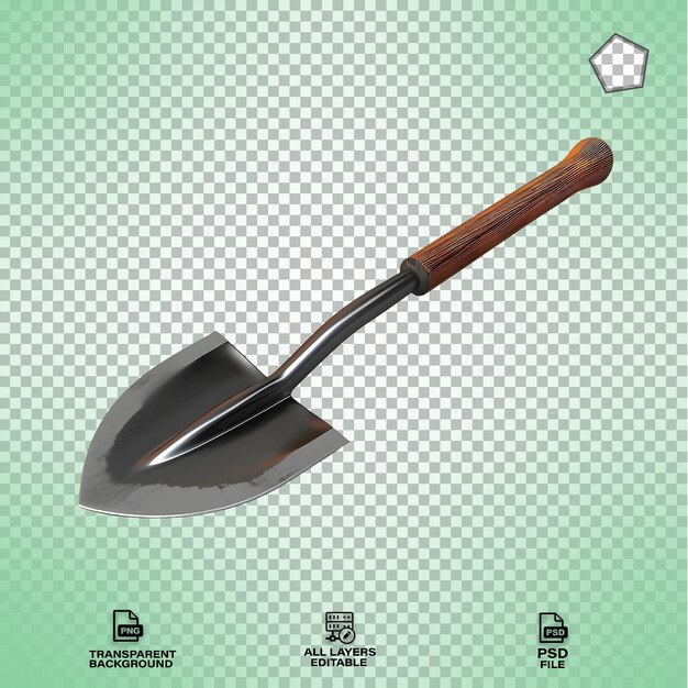 Shovel with wooden handle on white background Isolated on transparent background