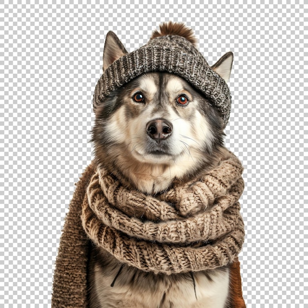 PSD siberian husky dog with winter hat and scarf isolated on transparent background