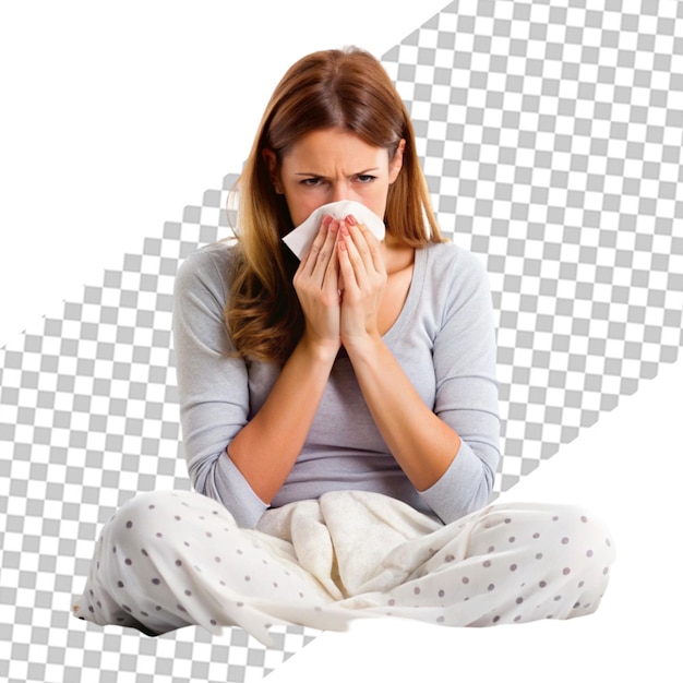 PSD sick woman sitting in bed blowing nose with napkin