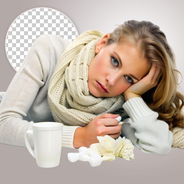 Sick young woman lying in bed on transparent background