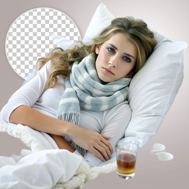 PSD sick young woman lying in bed on transparent background