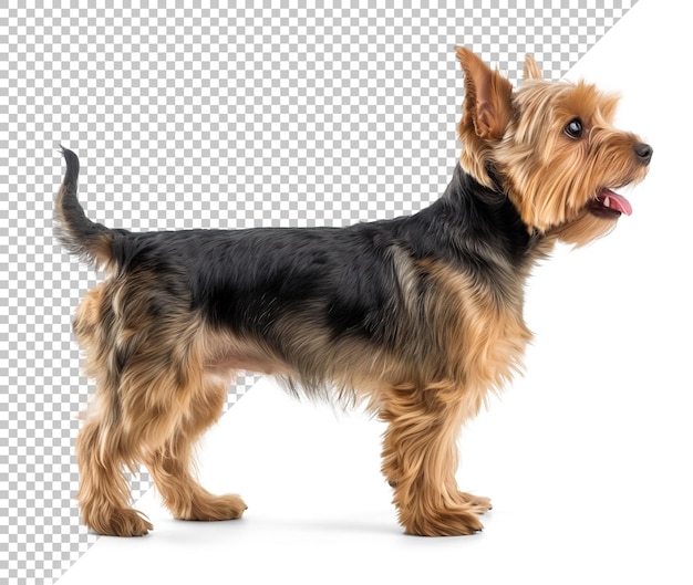 Side profile full body view of a happy yorkshire terrier dog