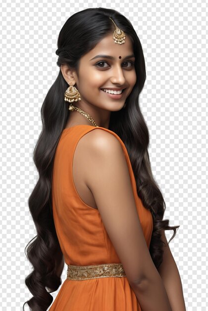 PSD side view of beautiful smiling indian woman wearing orange dress isolated on transparent background