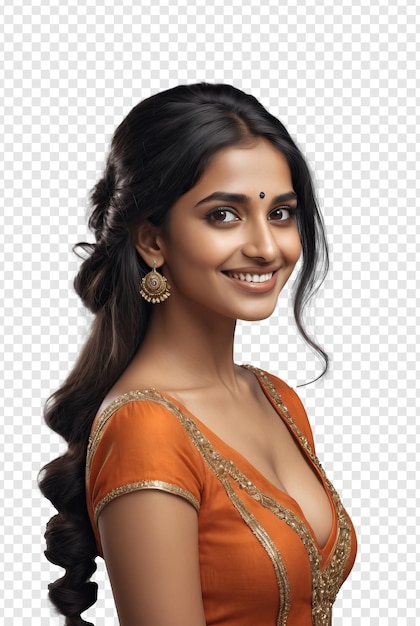 Side view of beautiful smiling indian woman wearing orange dress isolated on transparent background