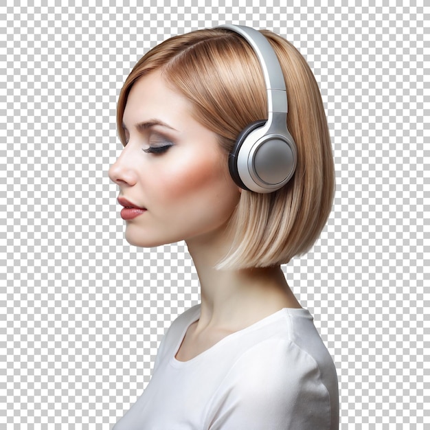 PSD side view of beautiful woman with headphones enjoy listening to music isolated