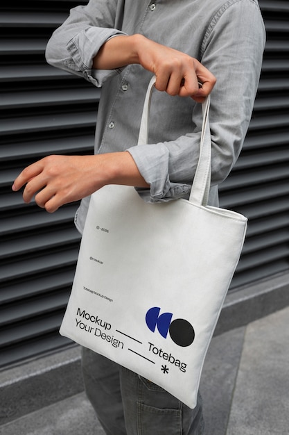 Side view man holding totebag mockup