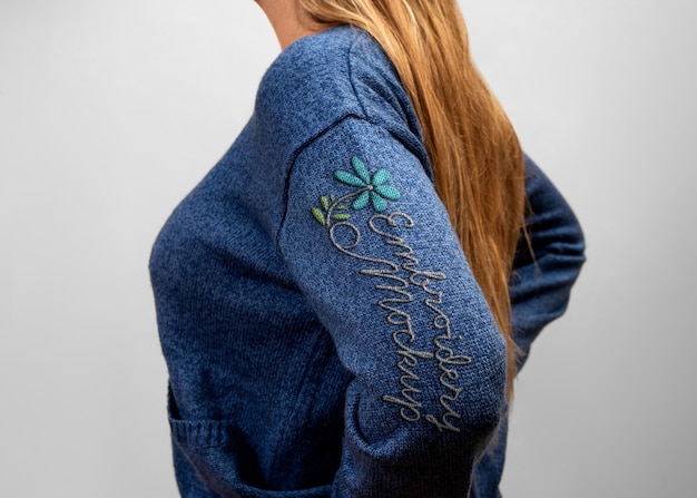 Side view model with embroidered shirt