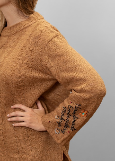 Side view model with embroidered shirt