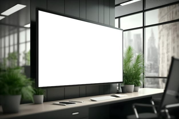 Side view Modern Digital LED screen mockup in office, Empty Flat LED screen PSD mockup