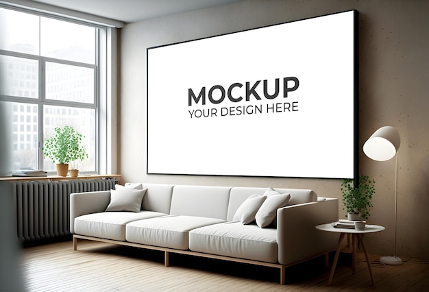 Side view of a PSD wall Big screen mockup, Modern interior with furniture, white couch and pillows