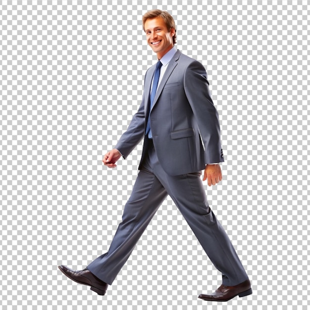 PSD side view smiling businessman confidently steps forward