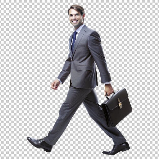 PSD side view smiling businessman confidently steps forward