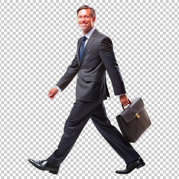 PSD side view smiling businessman confidently steps forward