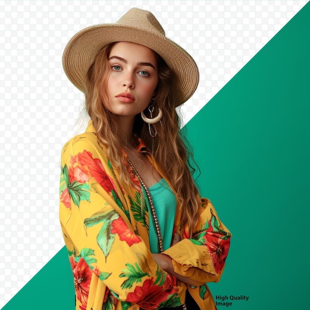 Side view of trendy confident millennial female in colorful clothes and hat looking at camera against green isolated background