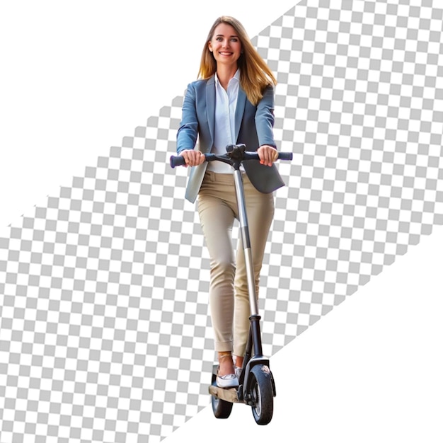 PSD side view of woman enjoying riding with electric scooter