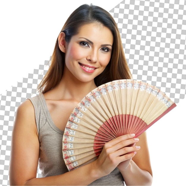 PSD side view woman posing with fan