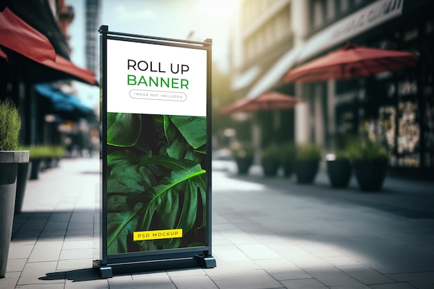 A sign for roll up banner on a city street