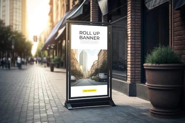 A sign for roll up banner on a city street