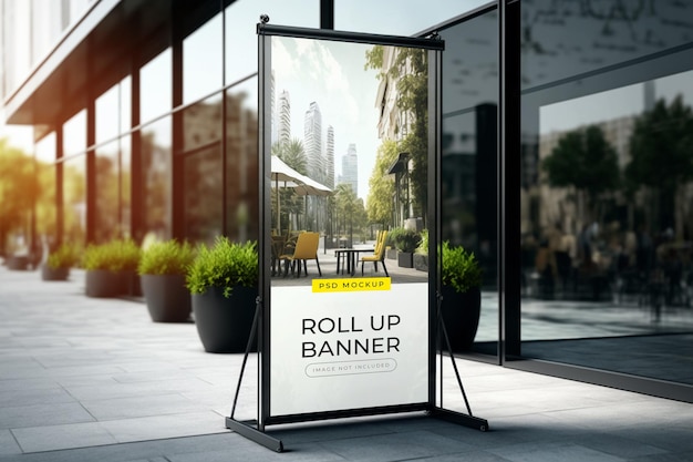 A sign for roll up banner on a sidewalk