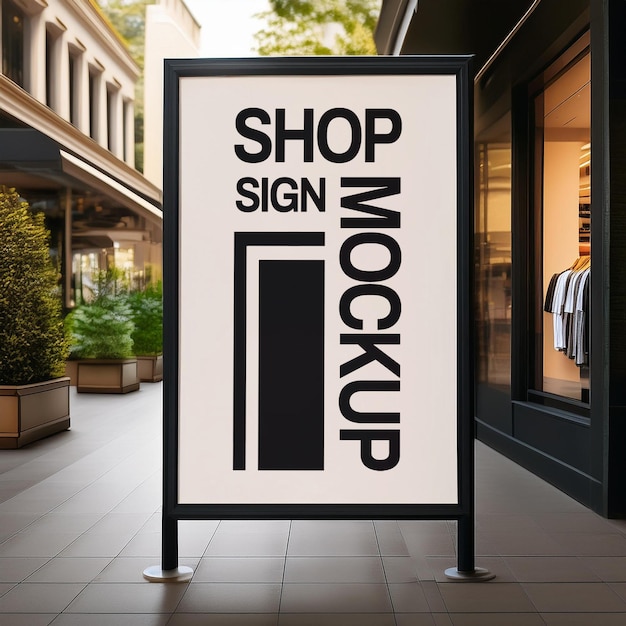 sign shop mockup with black frame infront the apparel store beside street