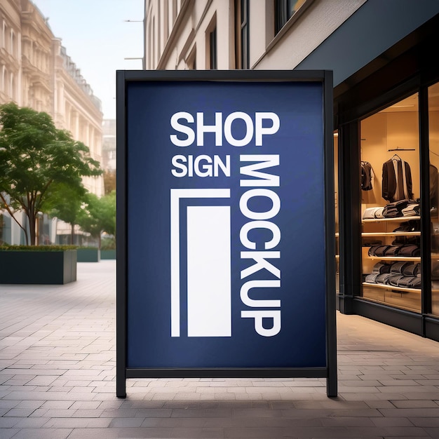 sign shop mockup with black frame infront the apparel store beside street