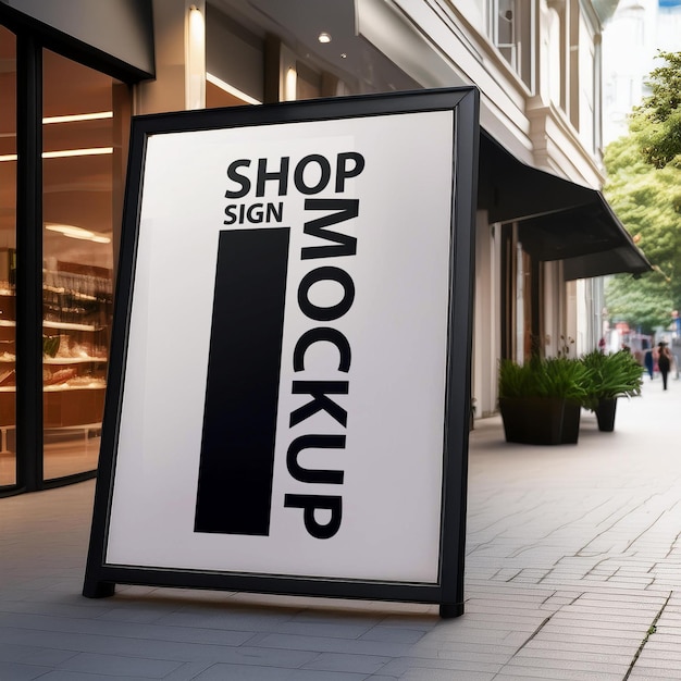 sign shop mockup with black frame infront the apparel store beside street